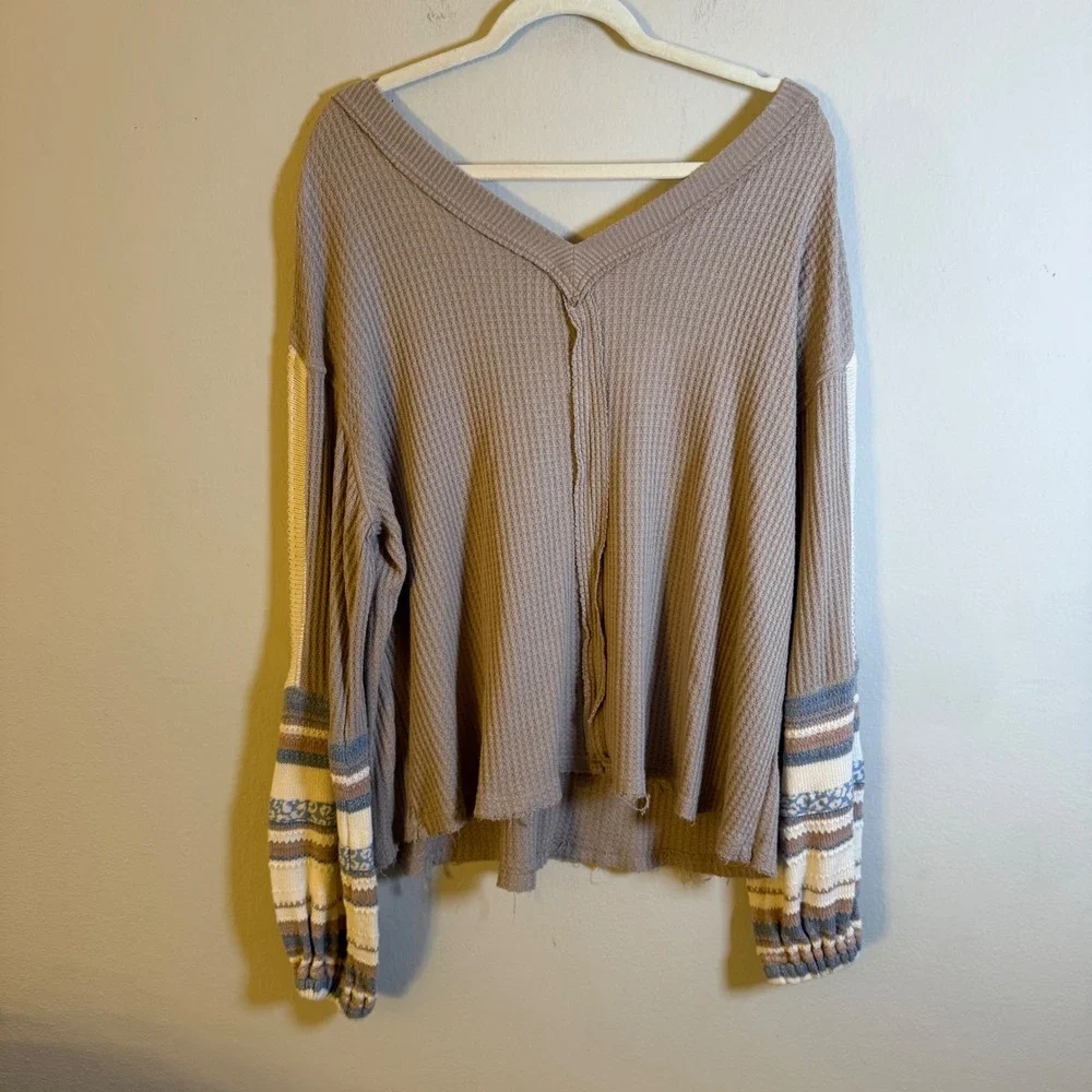 Free‎ People We The Free Waffle Knit Boho Crochet V-Neck Top Taupe Blue Large